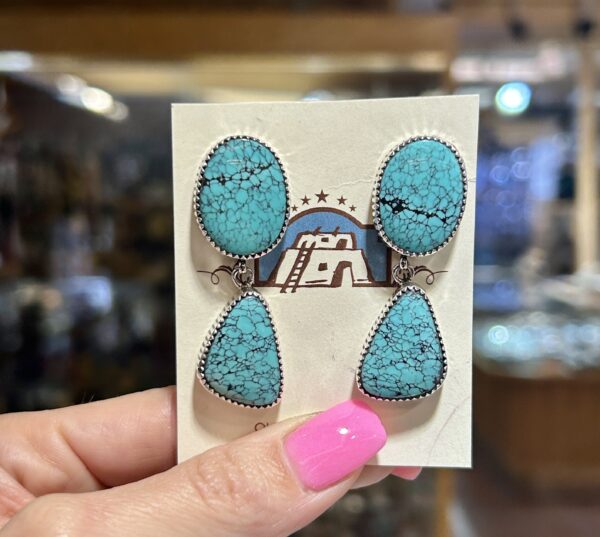 Spiderweb Turquoise Two Stone Sterling Silver G. Jim Navajo Handmade Earrings - Image 8