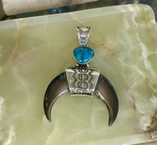 Real Bear Claw Morenci Turquoise Sterling Silver Naja Pendant with Sterling Silver Chain