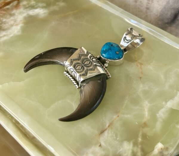 Real Bear Claw Morenci Turquoise Sterling Silver Naja Pendant with Sterling Silver Chain - Image 4