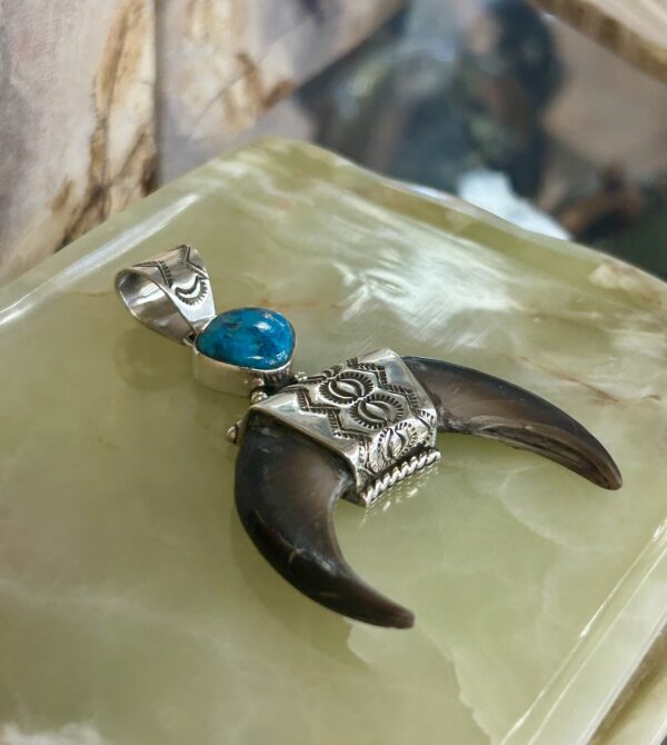 Real Bear Claw Morenci Turquoise Sterling Silver Naja Pendant with Sterling Silver Chain - Image 9