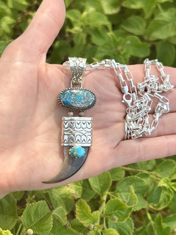 Morenci Turquoise with SonoranTurquoise Navajo Handmade Real Bear Claw Pendant with Sterling Silver Chain