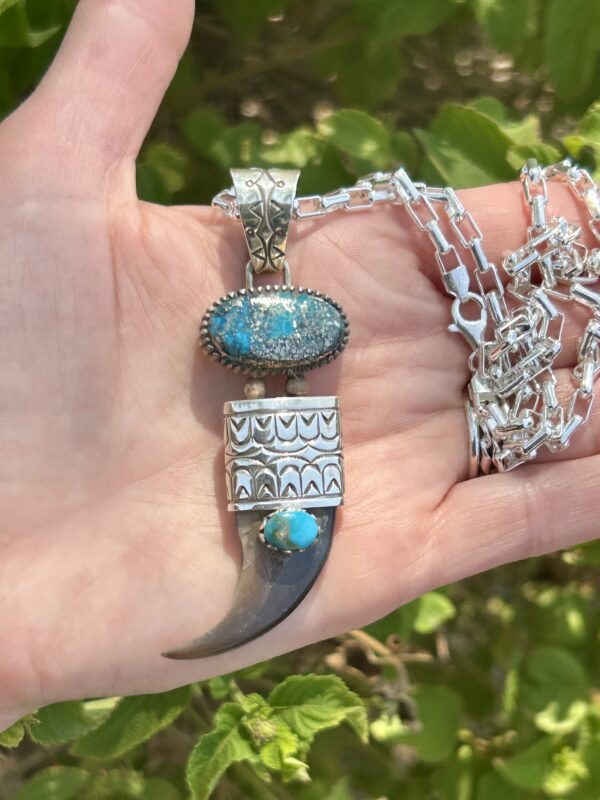 Morenci Turquoise with SonoranTurquoise Navajo Handmade Real Bear Claw Pendant with Sterling Silver Chain - Image 7