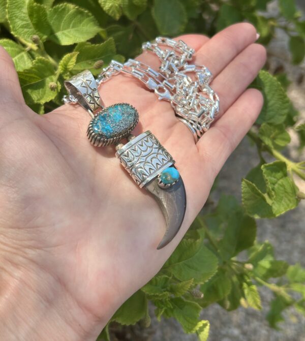 Morenci Turquoise with SonoranTurquoise Navajo Handmade Real Bear Claw Pendant with Sterling Silver Chain - Image 5