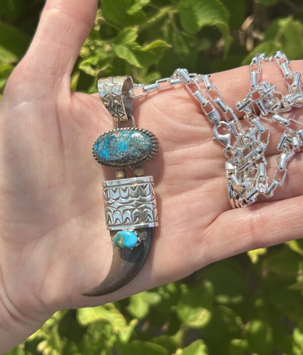 Morenci Turquoise with SonoranTurquoise Navajo Handmade Real Bear Claw Pendant with Sterling Silver Chain - Image 3