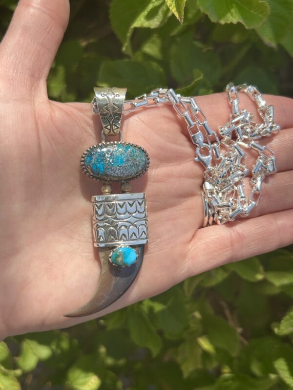 Morenci Turquoise with SonoranTurquoise Navajo Handmade Real Bear Claw Pendant with Sterling Silver Chain - Image 6