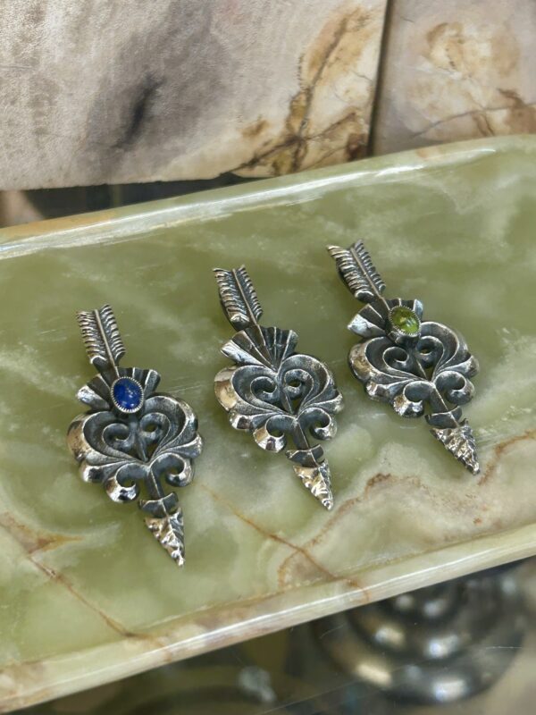Navajo Handmade Sterling Silver Tufa Cast Turquoise, Lapis Feather Pendants - Image 4