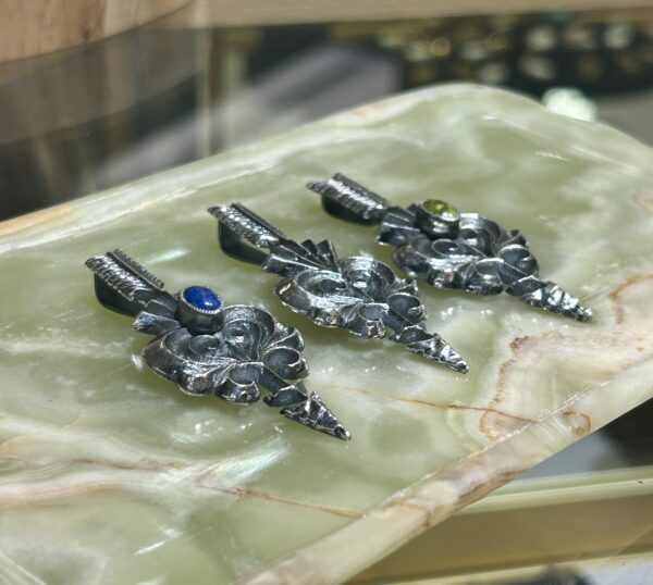 Navajo Handmade Sterling Silver Tufa Cast Turquoise, Lapis Feather Pendants - Image 3