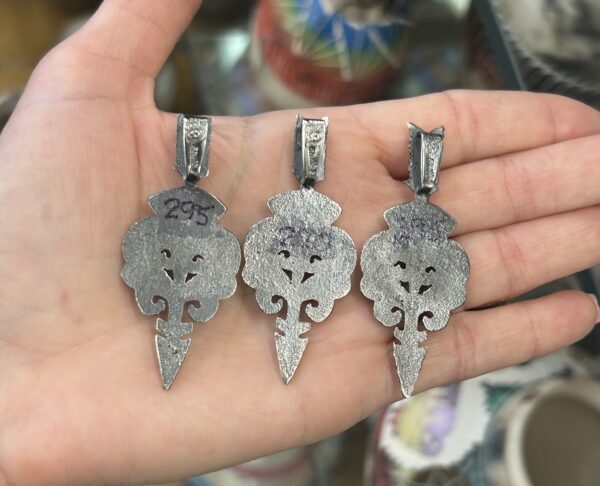 Navajo Handmade Sterling Silver Tufa Cast Turquoise, Lapis Feather Pendants - Image 5