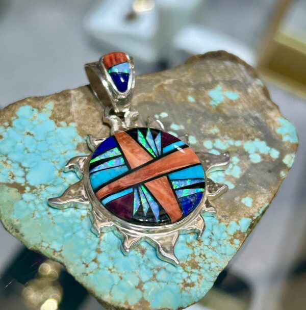 Navajo Handmade Multistone Spiny Oyster Shell Turquoise Inlay Sterling Silver Sun Pendant - Image 8