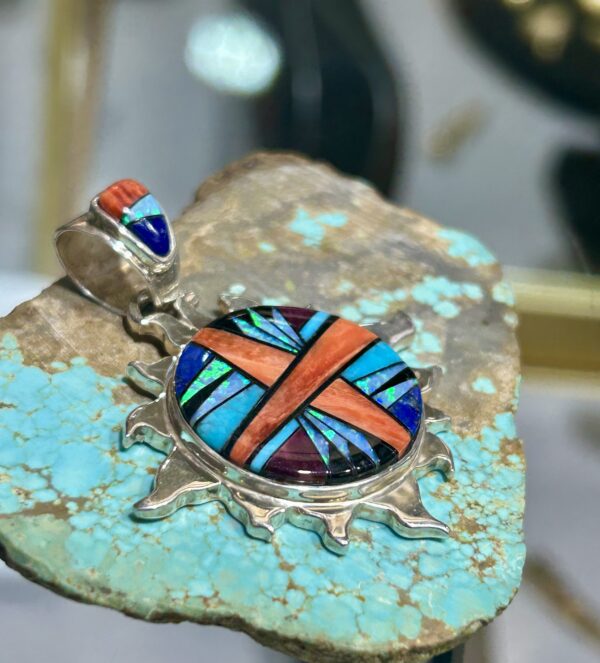 Navajo Handmade Multistone Spiny Oyster Shell Turquoise Inlay Sterling Silver Sun Pendant - Image 7