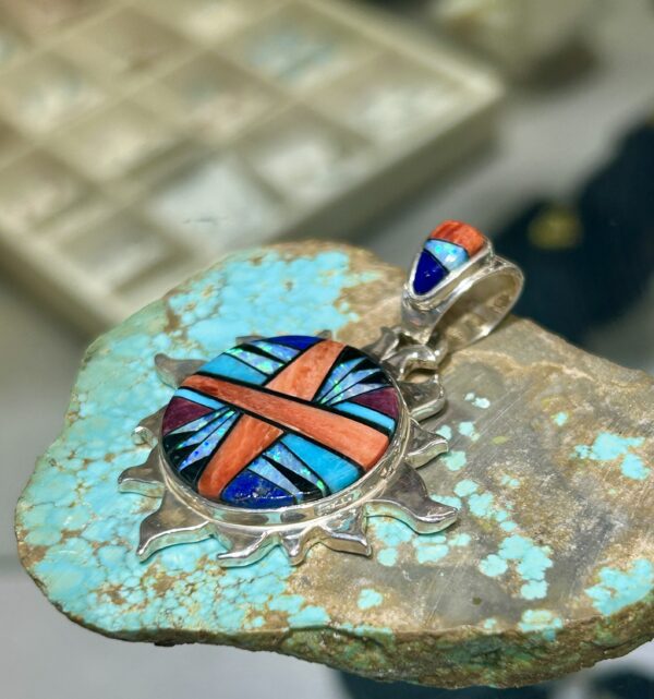 Navajo Handmade Multistone Spiny Oyster Shell Turquoise Inlay Sterling Silver Sun Pendant - Image 6