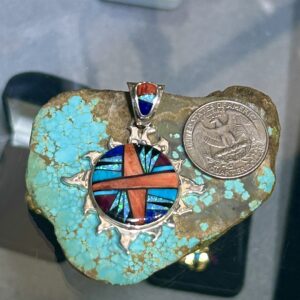 Navajo Handmade Multistone Spiny Oyster Shell Turquoise Inlay Sterling Silver Sun Pendant
