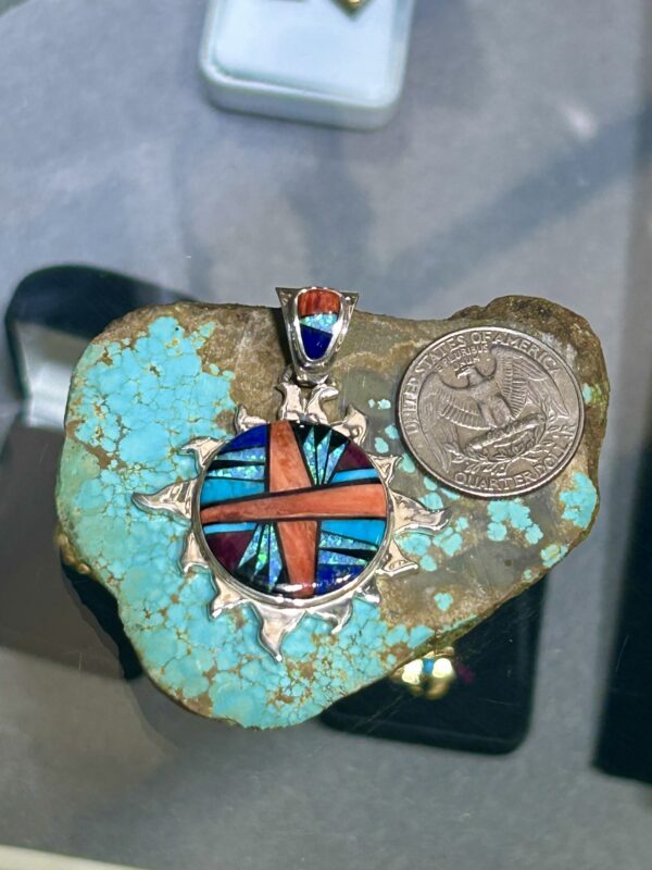 Navajo Handmade Multistone Spiny Oyster Shell Turquoise Inlay Sterling Silver Sun Pendant