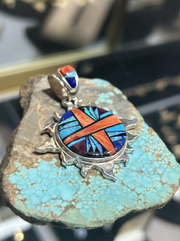 Navajo Handmade Multistone Spiny Oyster Shell Turquoise Inlay Sterling Silver Sun Pendant - Image 3
