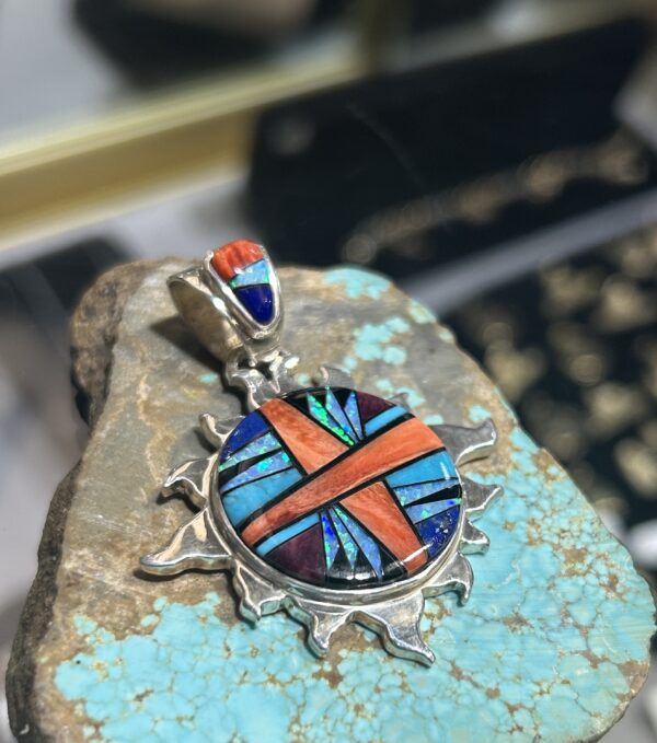 Navajo Handmade Multistone Spiny Oyster Shell Turquoise Inlay Sterling Silver Sun Pendant - Image 5