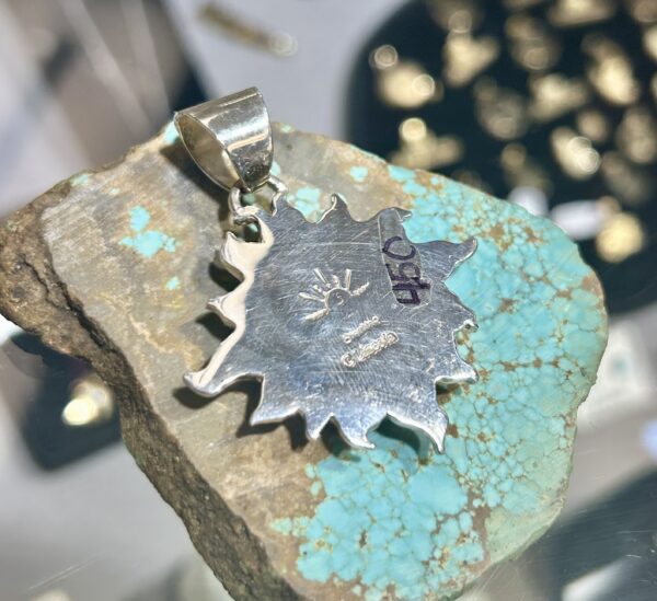 Navajo Handmade Multistone Spiny Oyster Shell Turquoise Inlay Sterling Silver Sun Pendant - Image 4