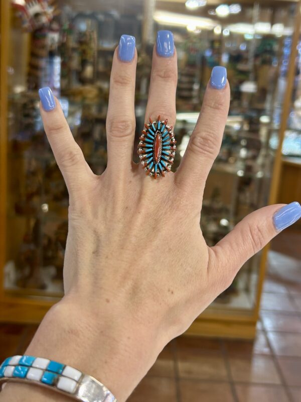 Zuni Needlepoint Coral and Sleeping Beauty Turquoise Sterling Silver Ring - Image 8