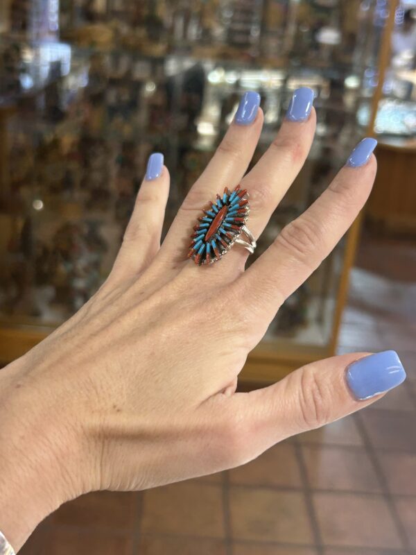 Zuni Needlepoint Coral and Sleeping Beauty Turquoise Sterling Silver Ring - Image 7