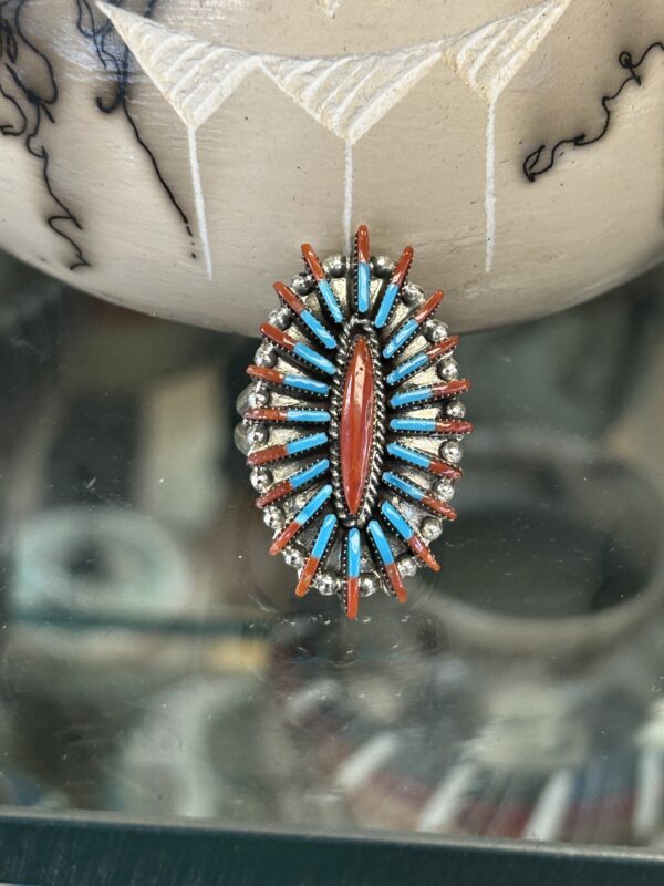 Zuni Needlepoint Coral and Sleeping Beauty Turquoise Sterling Silver Ring - Image 4