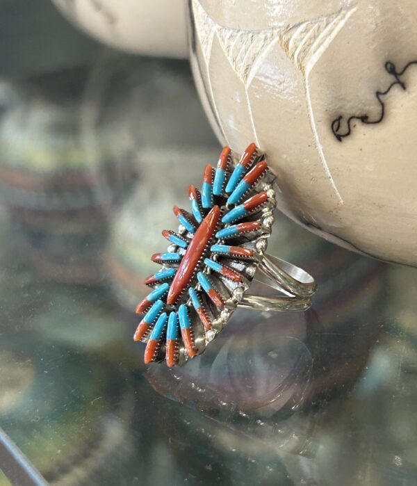 Zuni Needlepoint Coral and Sleeping Beauty Turquoise Sterling Silver Ring - Image 5
