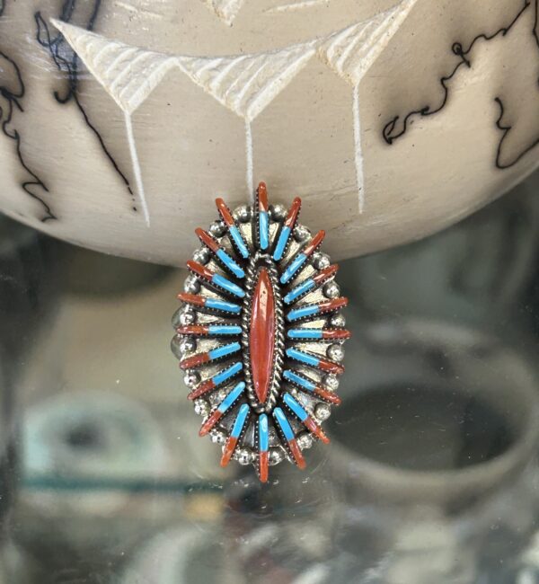 Zuni Needlepoint Coral and Sleeping Beauty Turquoise Sterling Silver Ring