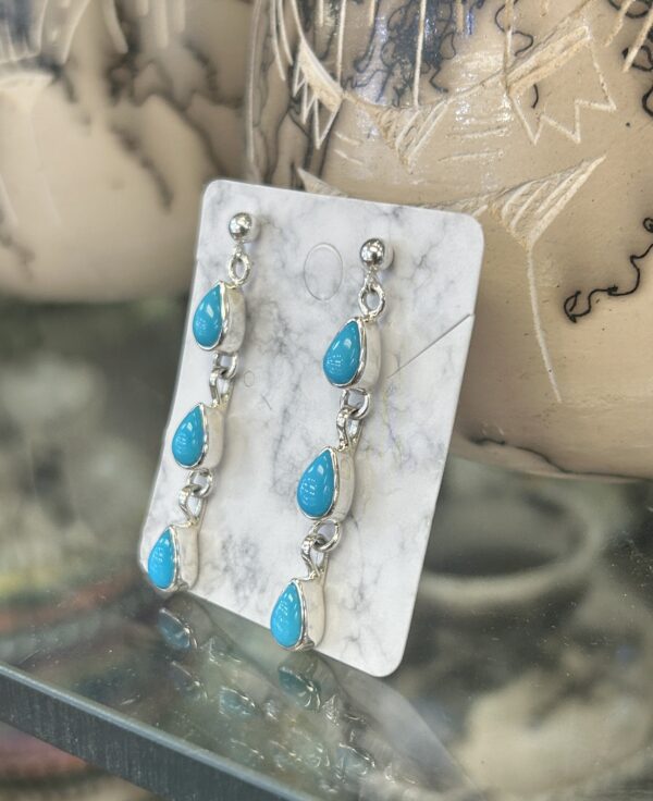 Sleeping Beauty Turquoise Sterling Silver 3 Stone Drop Dangle Earrings Navajo Handmade - Image 5