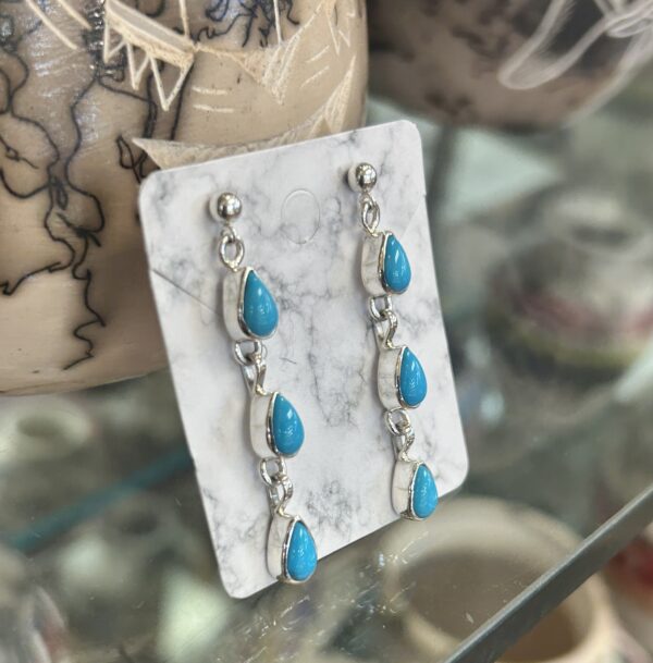 Sleeping Beauty Turquoise Sterling Silver 3 Stone Drop Dangle Earrings Navajo Handmade - Image 3