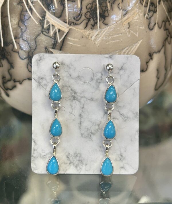 Sleeping Beauty Turquoise Sterling Silver 3 Stone Drop Dangle Earrings Navajo Handmade - Image 6