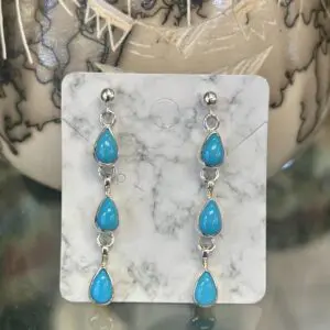 Sleeping Beauty Turquoise Sterling Silver 3 Stone Drop Dangle Earrings Navajo Handmade