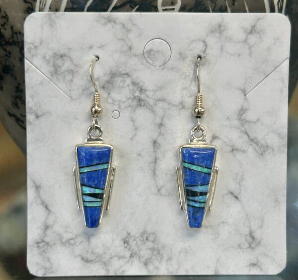 Navajo Handmade Sterling Silver Denim Lapis with Opal Inlay Earrings