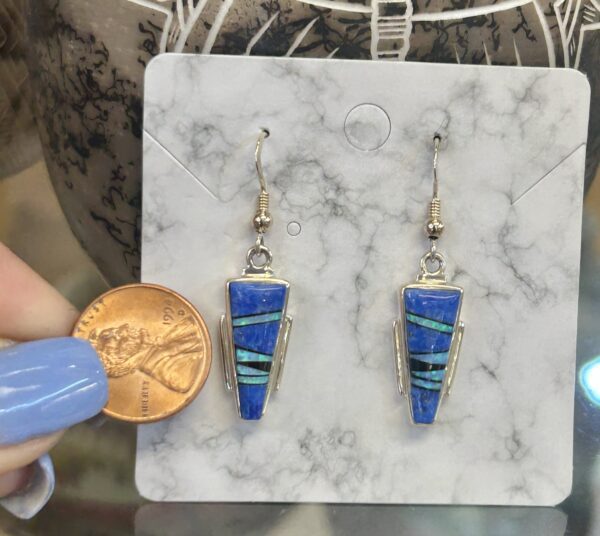 Navajo Handmade Sterling Silver Denim Lapis with Opal Inlay Earrings - Image 4