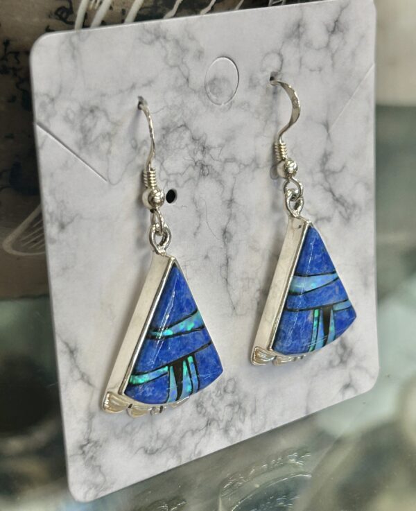 Navajo Handmade Denim Lapis with Opal Inlay Sterling Silver Triangle Earrings - Image 8
