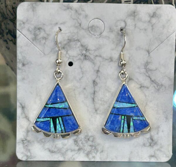 Navajo Handmade Denim Lapis with Opal Inlay Sterling Silver Triangle Earrings