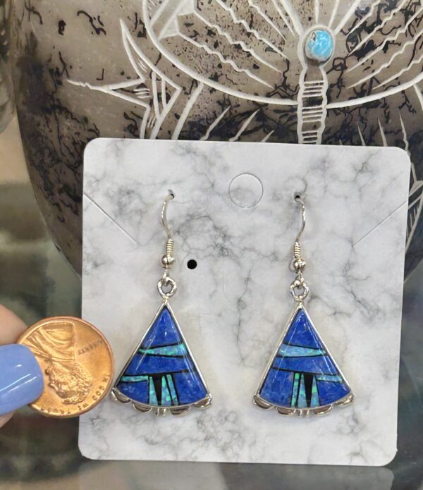 Navajo Handmade Denim Lapis with Opal Inlay Sterling Silver Triangle Earrings - Image 7
