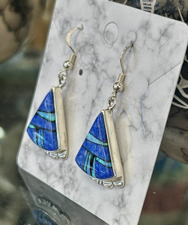 Navajo Handmade Denim Lapis with Opal Inlay Sterling Silver Triangle Earrings - Image 6