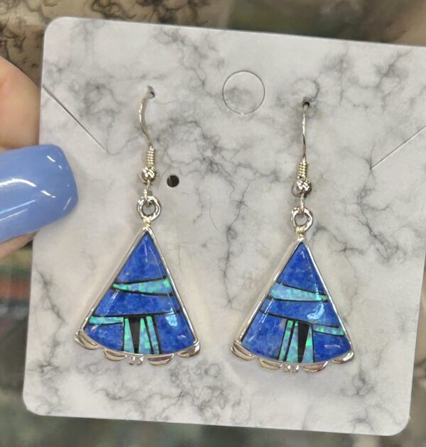 Navajo Handmade Denim Lapis with Opal Inlay Sterling Silver Triangle Earrings - Image 5