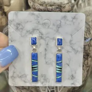 Denim Lapis with Opal Inlay Sterling Silver Onyx Navajo Handmade Post Dangle Earrings