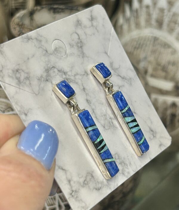 Denim Lapis with Opal Inlay Sterling Silver Onyx Navajo Handmade Post Dangle Earrings - Image 7