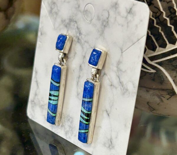 Denim Lapis with Opal Inlay Sterling Silver Onyx Navajo Handmade Post Dangle Earrings - Image 6