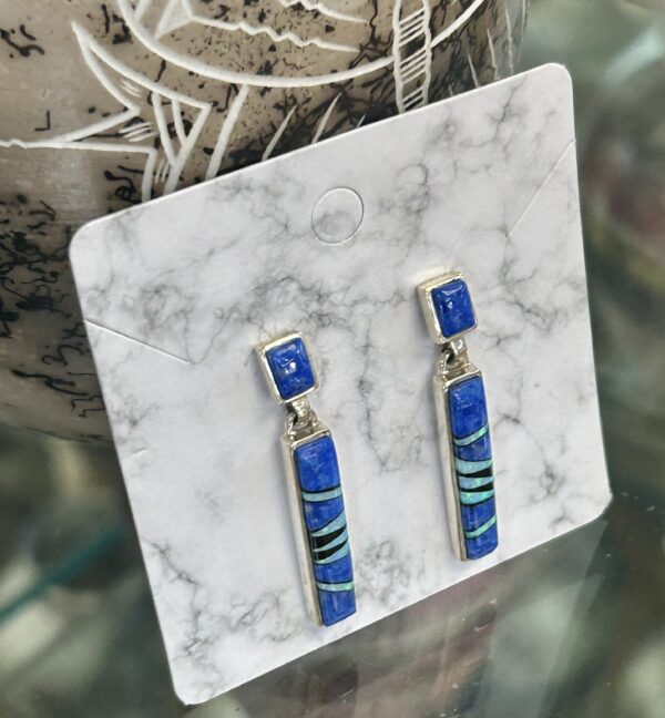 Denim Lapis with Opal Inlay Sterling Silver Onyx Navajo Handmade Post Dangle Earrings - Image 5