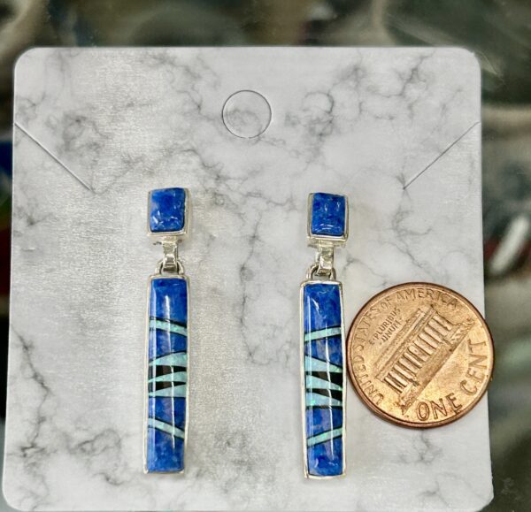 Denim Lapis with Opal Inlay Sterling Silver Onyx Navajo Handmade Post Dangle Earrings - Image 4