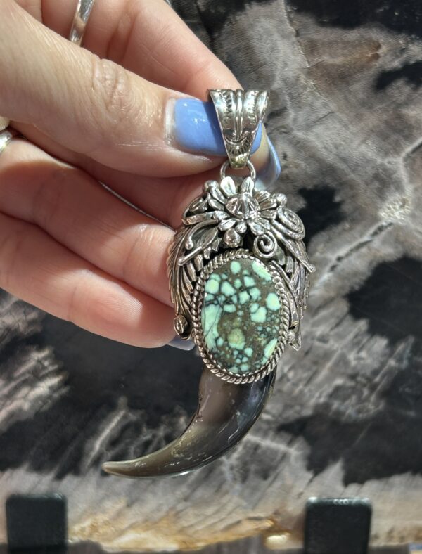 Spiderweb Variscite Navajo Handmade Sterling Silver Bear Claw Pendant with Sterling Silver Chain