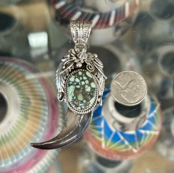 Spiderweb Variscite Navajo Handmade Sterling Silver Bear Claw Pendant with Sterling Silver Chain - Image 11