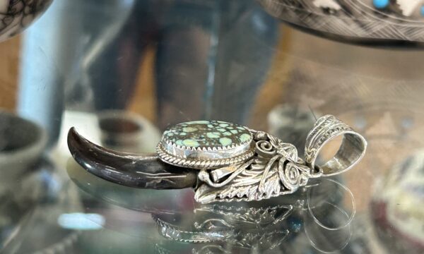 Spiderweb Variscite Navajo Handmade Sterling Silver Bear Claw Pendant with Sterling Silver Chain - Image 4