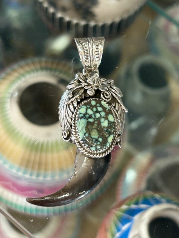 Spiderweb Variscite Navajo Handmade Sterling Silver Bear Claw Pendant with Sterling Silver Chain - Image 5