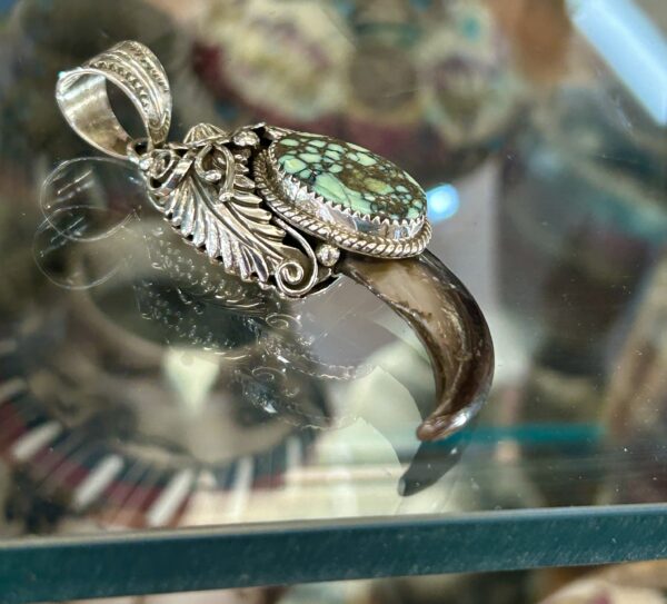 Spiderweb Variscite Navajo Handmade Sterling Silver Bear Claw Pendant with Sterling Silver Chain - Image 3