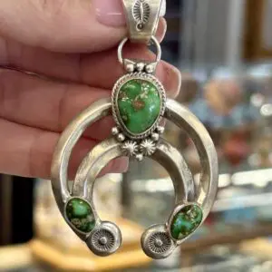 Green Sonoran Gold Turquoise Sterling Silver Navajo Handmade Naja Pendant