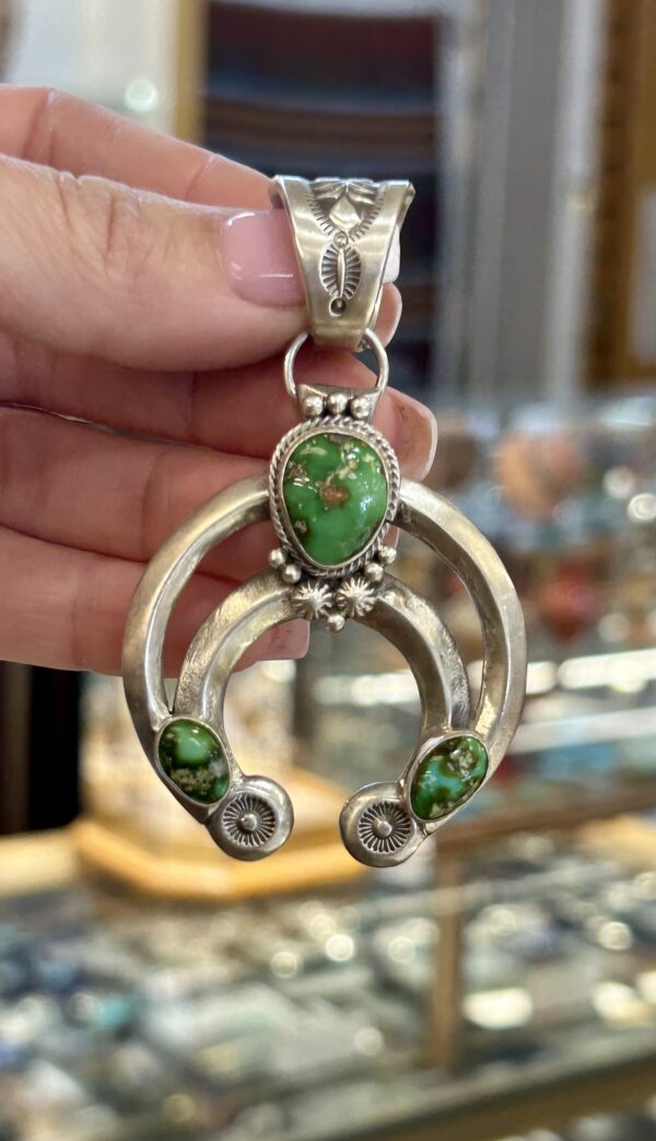 Green Sonoran Gold Turquoise Sterling Silver Navajo Handmade Naja Pendant
