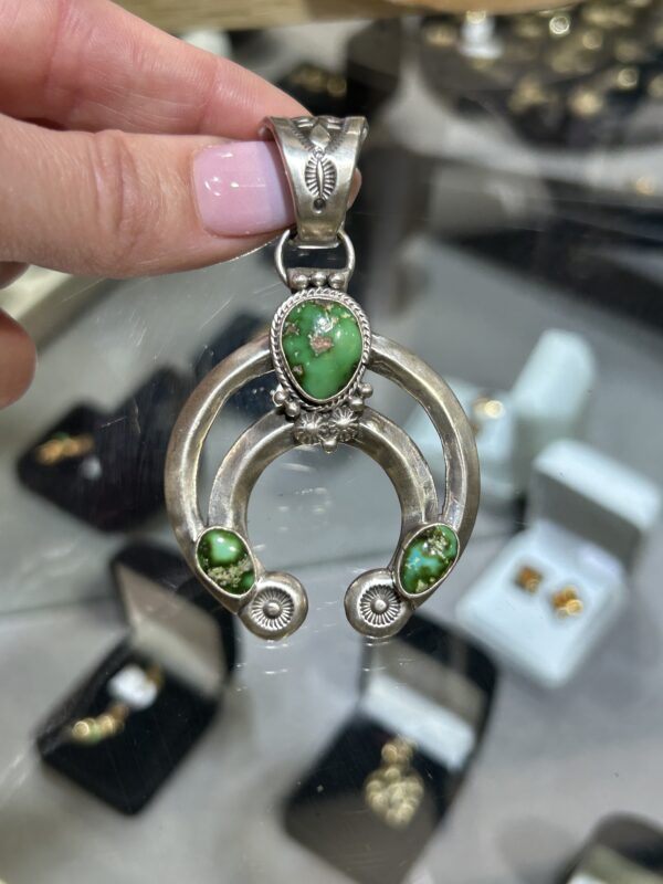 Green Sonoran Gold Turquoise Sterling Silver Navajo Handmade Naja Pendant - Image 6
