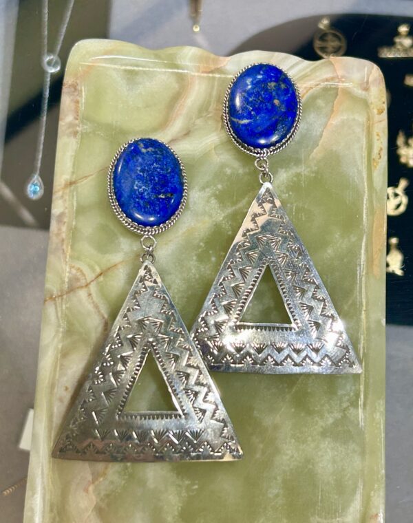 Lapis Lazuli Large Sterling Silver Triangular Handmade Earrings - Image 2